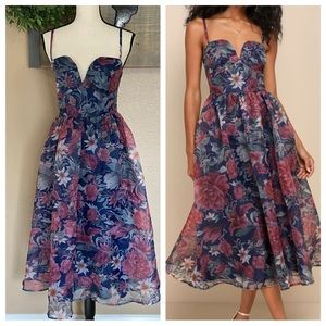 Lulu's Navy Floral Midi Dress with Pink & White Blooms